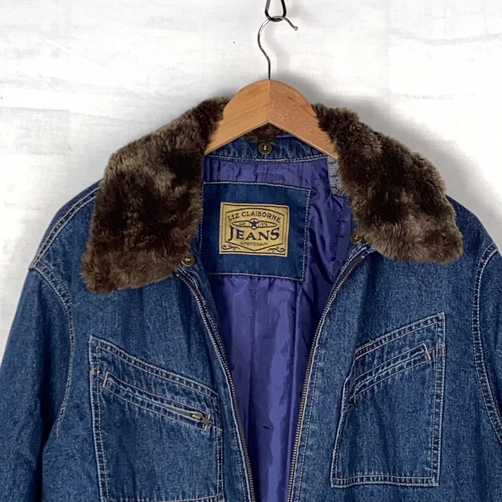 Liz Claiborne Jeans Jacket Girls L Blue Denim Cotton Faux‎ Fur Collar Zip Up